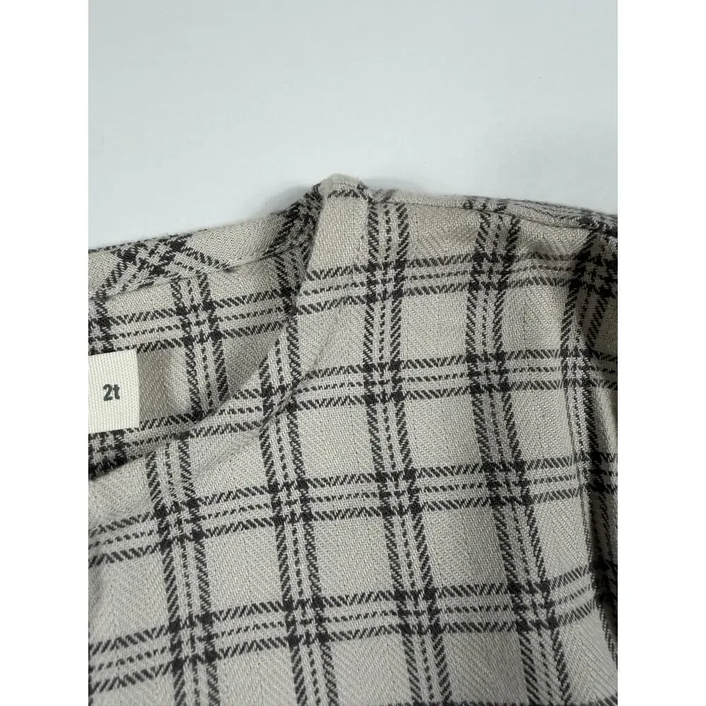 Oliver & Rain Plaid Collarless Button Down Shirt Cream Gray Size 2